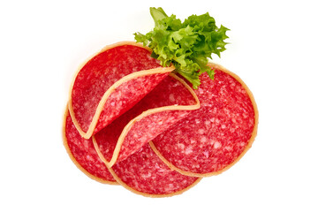 Salami smoked sausage, isolated on white background. High resolution image