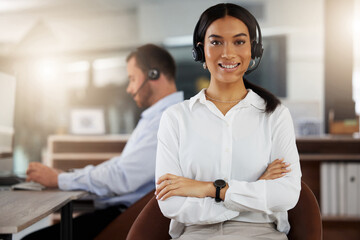 Woman, office and confident with smile at work with pride for career or job growth as call centre...
