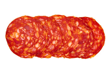Chorizo sausage, thin cut. Spanish salami, close-up, isolated on white background