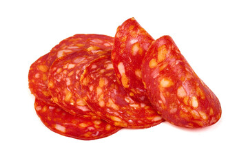 Chorizo sausage, thin cut. Spanish salami, close-up, isolated on white background - obrazy, fototapety, plakaty