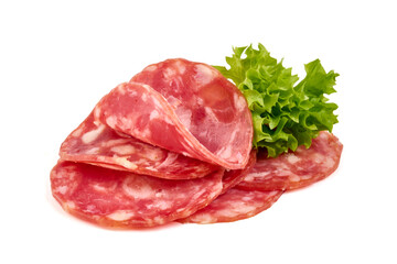 Cured salami sausage, Italian sausage, isolated on white background - obrazy, fototapety, plakaty