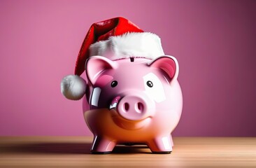 Bank Christmas: Pink Piggy Bank with Christmas Hat Saving for December Gifts - obrazy, fototapety, plakaty