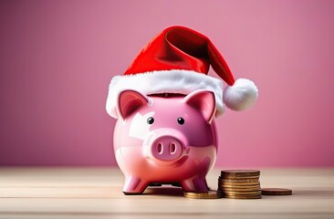 Bank Christmas: Pink Piggy Bank with Christmas Hat Saving for December Gifts - obrazy, fototapety, plakaty
