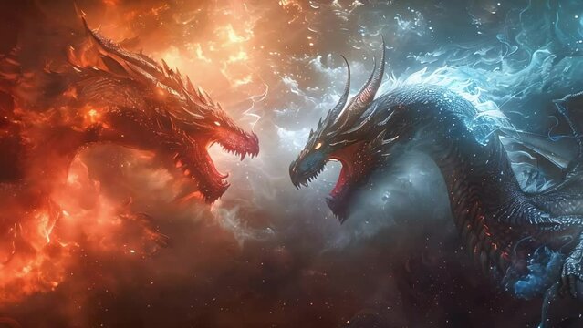 Fire vs Ice: A Mythical Dragon Duel. Concept Fantasy, Dragons, Fire, Ice, Duel