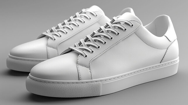 A pair of white sneakers on a light grey soild background. product display, no labels. photo-realistic, Generative AI.
