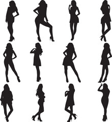 Set of Silhouette Girl in different position vector illustration.