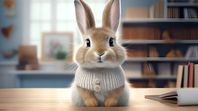 a cute brown fluffy rabbit with book wearing a warm suit  Literature Bunny on a blurred background