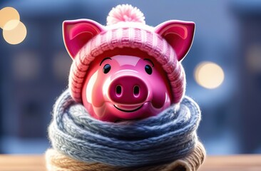 Pink piggy bank wrapped up warm with a scarf in house. Winter heating bills concept. Copy Space - obrazy, fototapety, plakaty