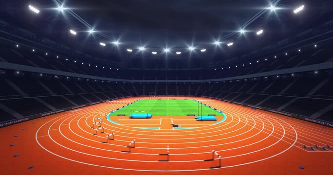 Spectacular athletic stadium at night and illuminated running track ready to start championship. Professional 4k video as sports background. Camera is rotating around field in animation loop.	
