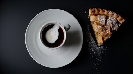 There is a cup of coffee with milk and a slice of apple pie on a white plate against a black - obrazy, fototapety, plakaty