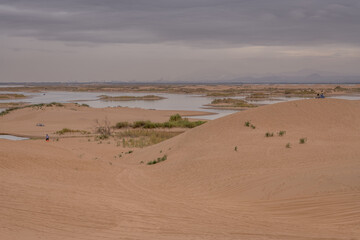 The river going through the desert in Wuhai, Inner Mongolia, China