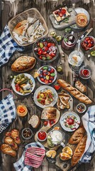 Create a long shot watercolor painting featuring a whimsical assortment of picnic food items strewn across a rustic wooden table Infuse a touch of nostalgia by including vintage picnic accessories lik - obrazy, fototapety, plakaty