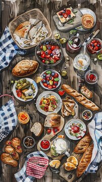 Create a long shot watercolor painting featuring a whimsical assortment of picnic food items strewn across a rustic wooden table Infuse a touch of nostalgia by including vintage picnic accessories lik