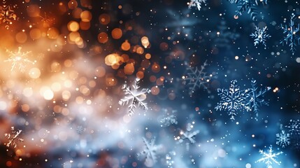 The image is a blurry, abstract background with snowflakes, representing winter, Christmas, and New