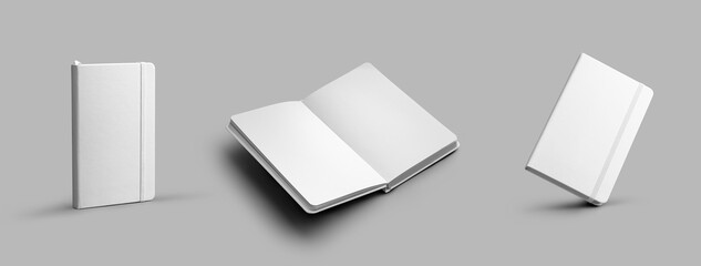 Mockup of closed, open white notebook with elastic band, bookmark, hardcover. Set