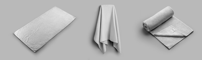 Mockup of a white terry towel, unfolded, rolled, fluffy cloth for drying on a hanger. Set - obrazy, fototapety, plakaty
