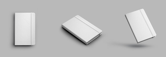 Mockup of closed white notepad with elastic band, organizer for notes, planning, daily. Set - obrazy, fototapety, plakaty