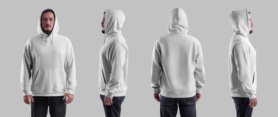 Mockup of a white oversized hoodie on a bearded guy in a hood, for design, print, pattern, branding. Set