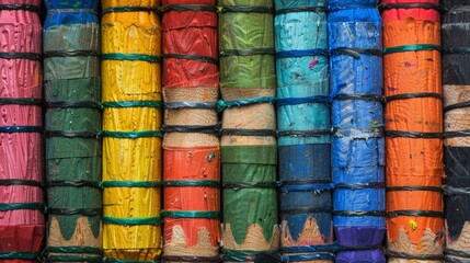 A close-up image of a group of large crayons held together with a rubber band. - obrazy, fototapety, plakaty