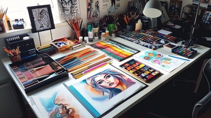 The workplace of a young artist is filled with a variety of colorful pencils, watercolors, and