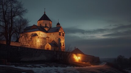The medieval church of Basil the Great on the Hill in Pskov, Russia is seen on a February night. - obrazy, fototapety, plakaty