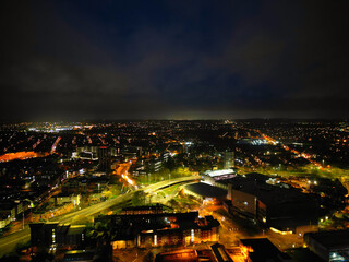 Fototapeta premium Aerial view of Illuminated Historical Central Coventry City of England, United Kingdom. April 8th, 2024