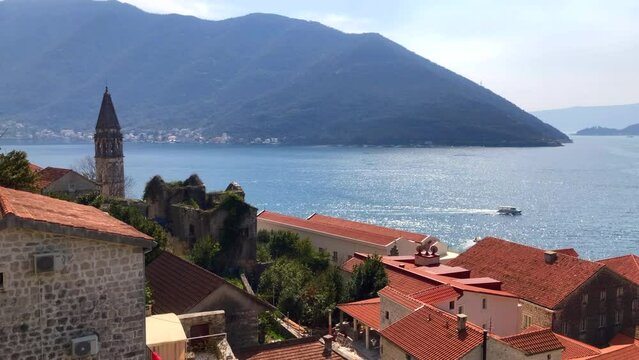 View of the ocean from a beautiful old town. View of the Bay of Kotor from the historic town of Perast, Montenegro. Adriatic Sea. Europe.