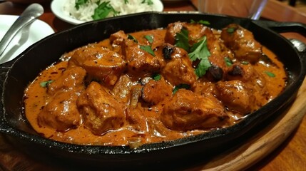 Spicy chicken tikka masala served sizzling on a cast iron skillet, ready to tantalize taste buds.