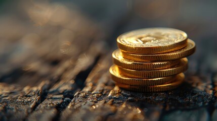 Stack of coins on a wooden table - obrazy, fototapety, plakaty