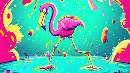 A luminous pink flamingo waded through a bioluminescent lagoon, its feathers catching the otherworldly glow with every graceful step - obrazy, fototapety, plakaty