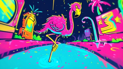 A luminous pink flamingo waded through a bioluminescent lagoon, its feathers catching the otherworldly glow with every graceful step