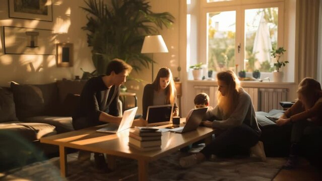A group of young friends relax together in a warm, inviting living room, each engaged with their laptops and mobile devices. 