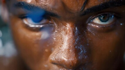Intensity Unleashed: Athlete's Gaze Amidst Sweat. Concept Athletic Portraits, Sports Photography, Grit and Determination, Intense Athletes, Sweat and Focus