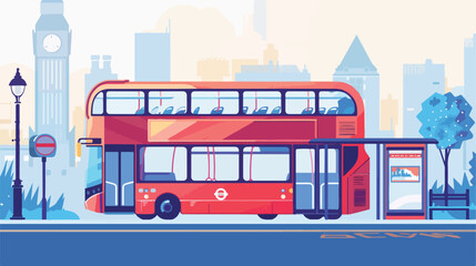 Doubledecker bus and bus stop on abstract cityscape