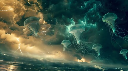 Ethereal Jellyfish Adrift in Luminescent Electrified Skies During Dramatic Stormy Landscape - obrazy, fototapety, plakaty