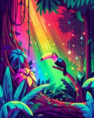 Fototapeta premium A technicolor toucan, perched on a rainbowcolored orchid in the Amazon rainforest, dipped its beak into a dewkissed flower, a vibrant jewel in a verdant paradise