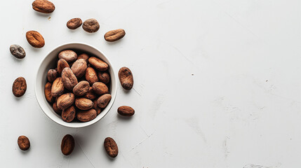 Cocoa beans in a bowl on a white table, space on the right, aerial view