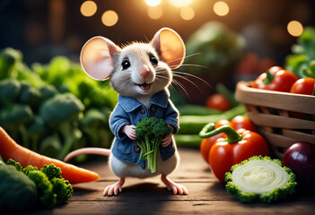 Adorable Cartoon Mouse with Fresh Vegetables - obrazy, fototapety, plakaty