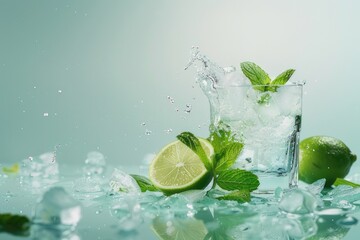 A refreshing summer mojito cocktail, non-alcoholic with lemon, lime and mint, a burst of freshness, chilled over ice, the perfect drink for celebrating the US Independence Day,  the Fourth of July
