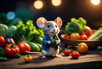 Adorable Cartoon Mouse with Fresh Vegetables - obrazy, fototapety, plakaty
