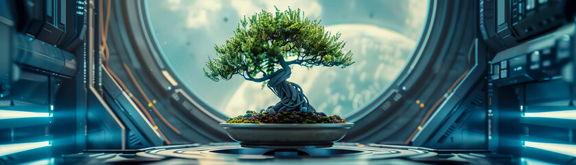Bonsai tree floating in a space station medium shot - obrazy, fototapety, plakaty