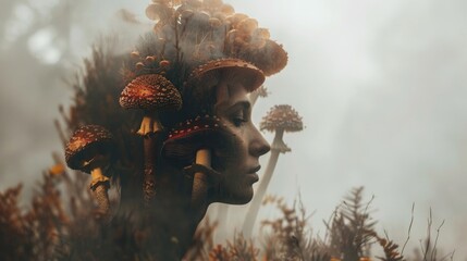 Surreal Portrait of a Translucent Head with Amanita Mushrooms Inside