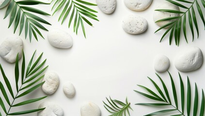 White stones and palm leaves on a white background - obrazy, fototapety, plakaty