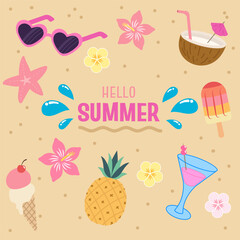 Hello Summer Themed Illustration with Tropical Icons.