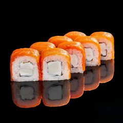 Philadelphia classic sushi rolls on a black mirror background. - obrazy, fototapety, plakaty