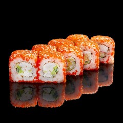 California classic sushi rolls on a black mirror background. - obrazy, fototapety, plakaty