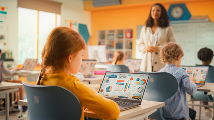 Class of Young Multiethnic Children Using Laptop Computers while Studying Math and Geometry in Grade School. Happy Female Teacher Explains Shapes and Measurements to Smart Boys and Girls