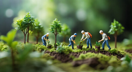 Miniature Plastic model style people planying plants and trees, Eco sustainable corporate macro photography with tilt shift lens, CSR activity, blurred