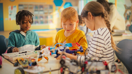 Elementary School Students Sitting Behind a Table in a Group, Building a Robot Hand Project for a...