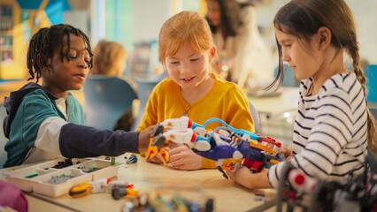 Elementary School Pupils Sitting Behind a Table in a Group, Building a Robot Hand Project for a Science and Technology Fair. Young Boys and Girls Wish to Become Engineers in Robotics
